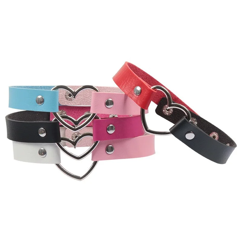 Harajuku Punk Soft Girl Color Block PU Leather Heart Choker Collar Necklace Trendy Jewelry for Women Cosplay Party Accessory