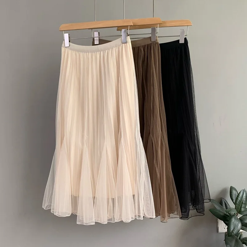 Matakawa Mesh Skirts for Women Solid Spring Summer Elegant Korean Fashion Sweet Faldas Mujer Ruffles A-line Long Skirt