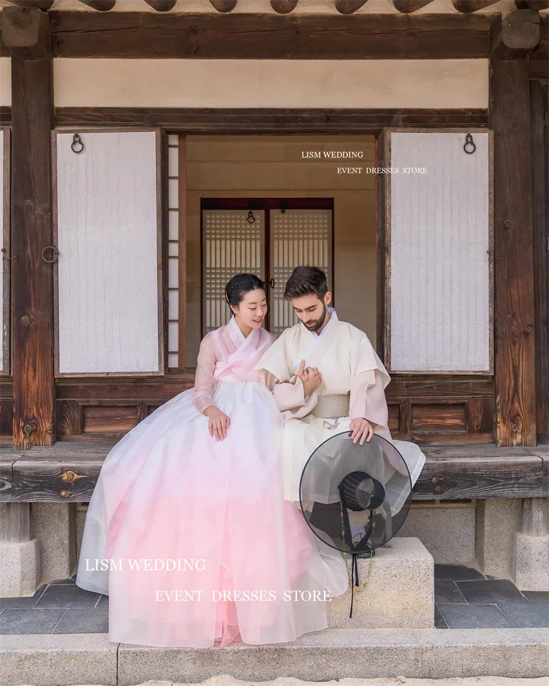 LISM Pink Tulle Hanbok V-Neck Full Sleeves A-Line Wedding Dresses For Korean Lady Floor Length Bridal Gowns Korea Formal Dress