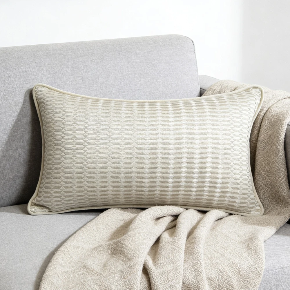 Fashion Popular Lumbar Pillow Case 30x50cm Beige Jacquard Woven Small Geometric Linen Armchair Cushion Cover 1 Piece Pack