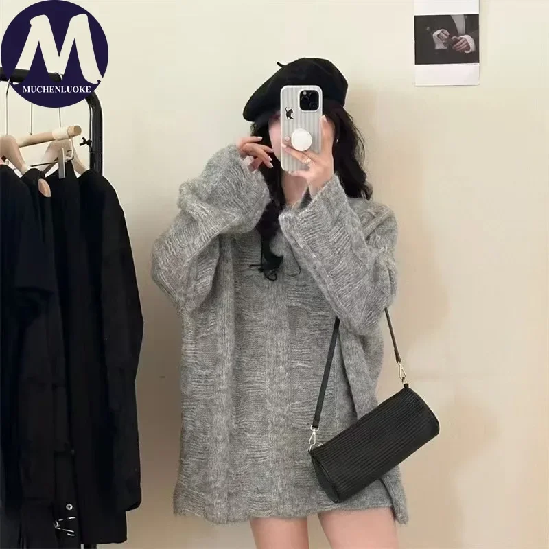 المرأة الخريف الشتاء محبوك سترة طويلة الأكمام س الرقبة كسول نمط عادية فضفاض سميكة الدافئة الكورية سترة الموضة #2