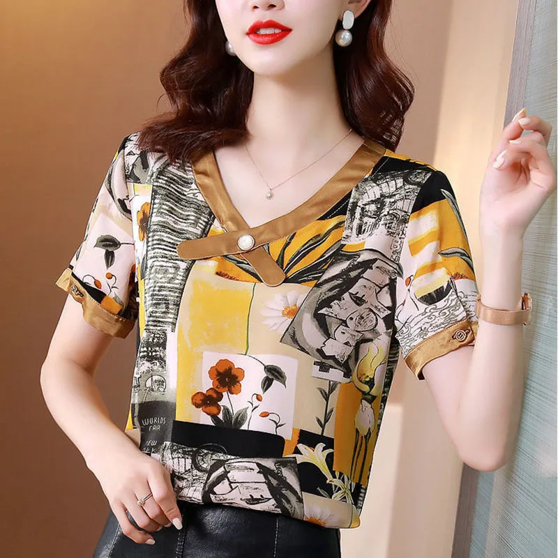 

Fashion V-Neck Spliced Button Printed Chiffon Blouse Women's Clothing 2024 Summer New Oversized Casual Pullovers Commuter Shirt