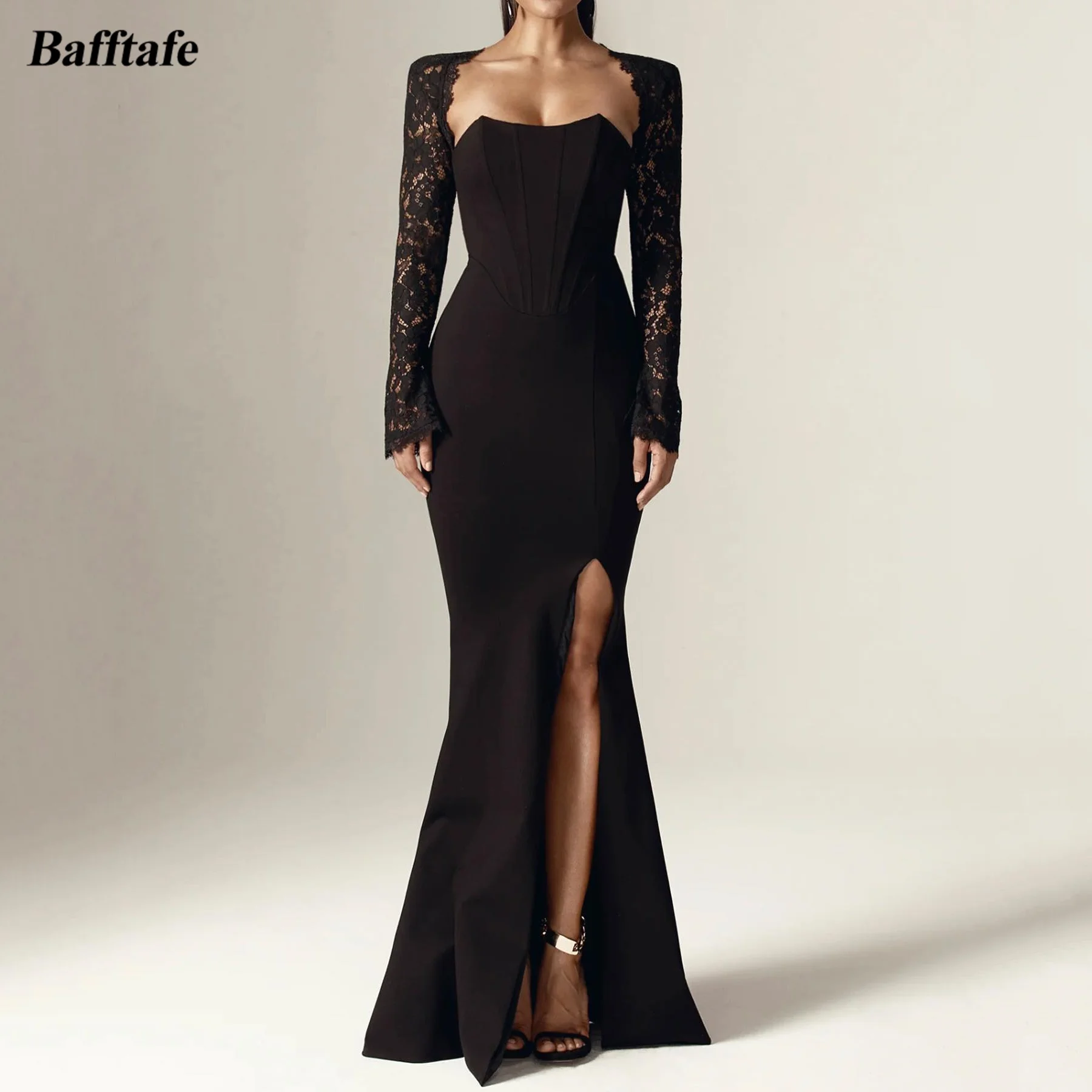 Bafftafe Black Mermaid Evening Dresses Matte Satin Long Sleeves Lace Women Prom Party Gowns High Split Bridesmaid Dress 2024