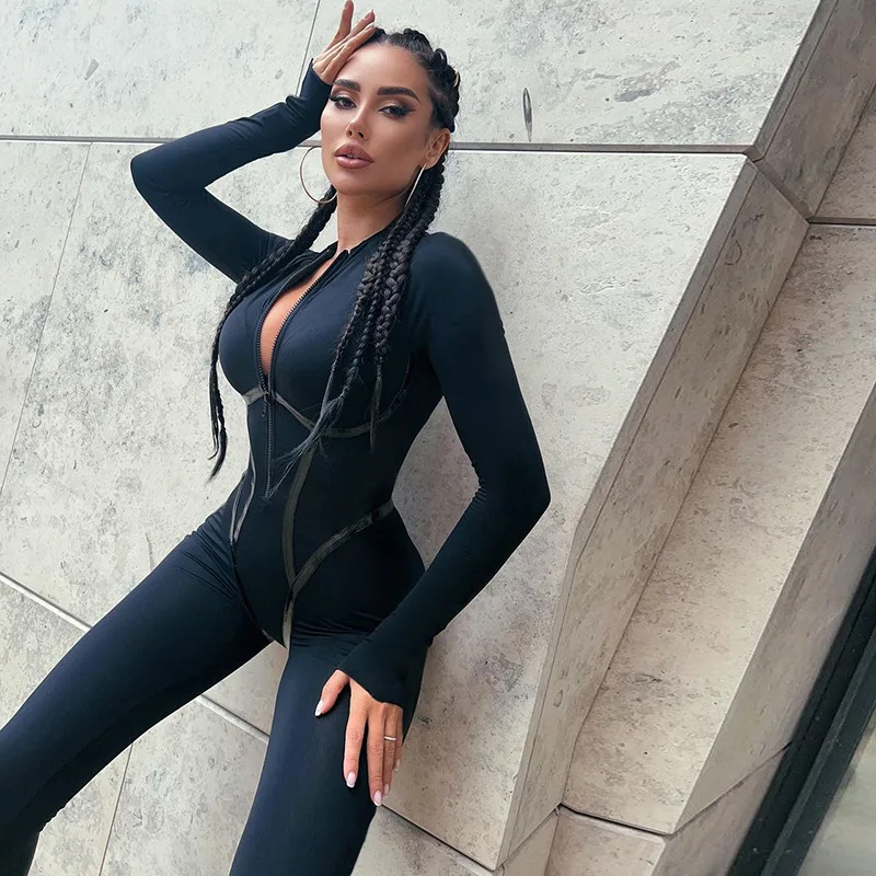 

European and American hot girl casual base layer jumpsuit sexy tight slimming leather woven strap split thread jumpsuit