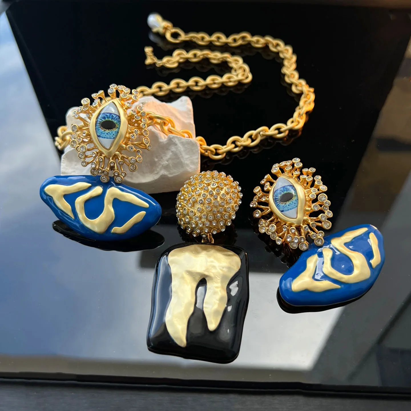 Avant-Garde Asymmetric Evil Eye & Tooth Drop Earrings Drip Glaze Real Gold Plated Designer Statement Necklace Banquet Accessory