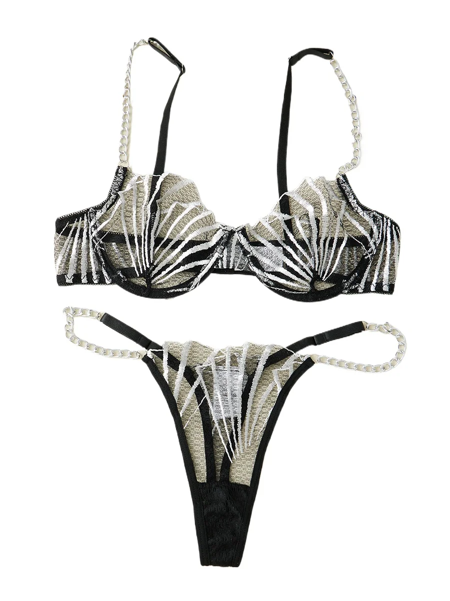 

Новые соблазнительные комплекты из кружевного бюстгальтера и трусиков с металлической цепочкой и подходящими стрингами для женщин, коллекция нижнего белья.