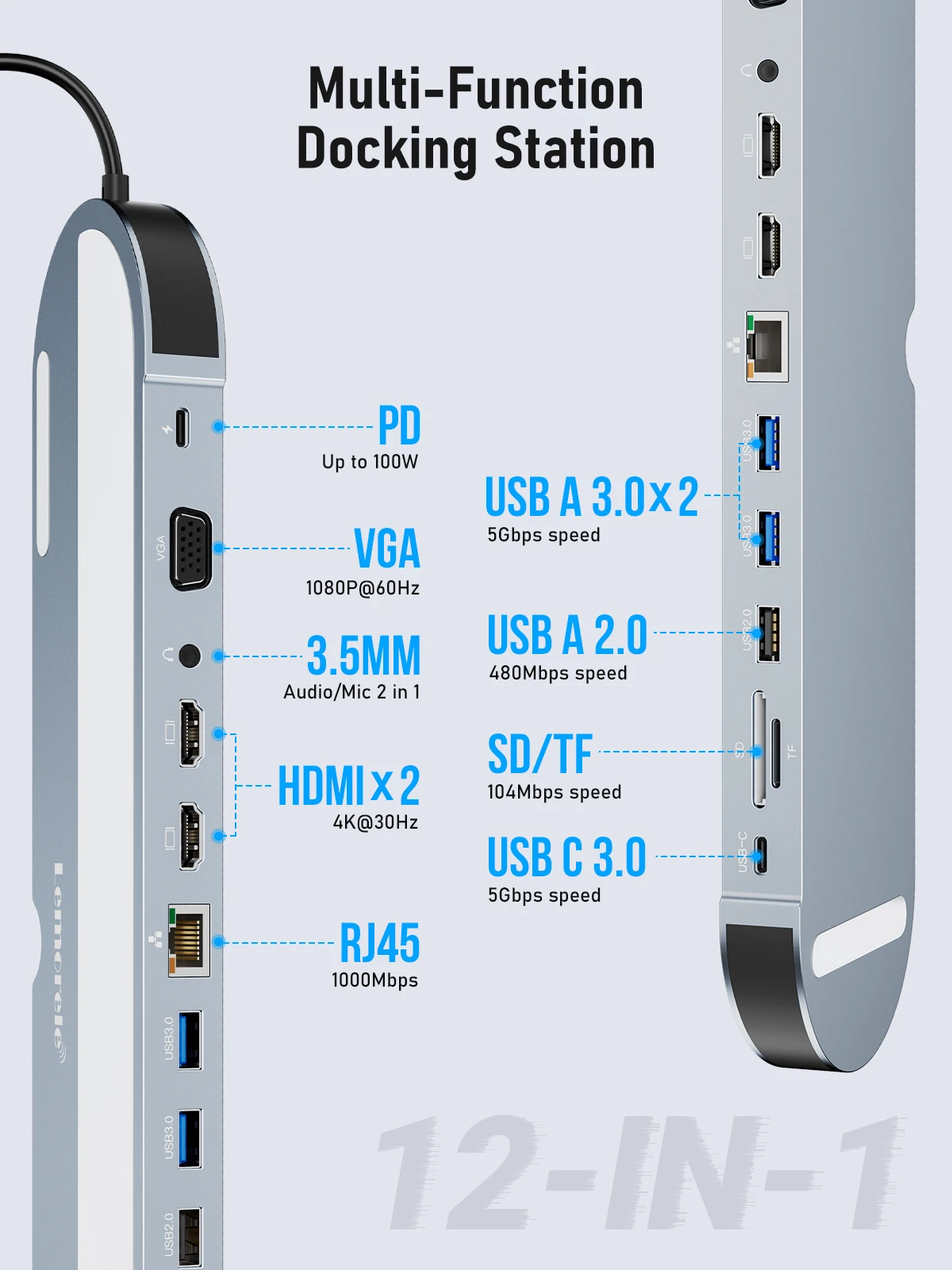 Lemorele USB C 허브 도킹 스테이션, USB C 허브, 노트북 맥북용, 4K VGA, 3.5mm 오디오, RJ45, USB PD 충전, TC28