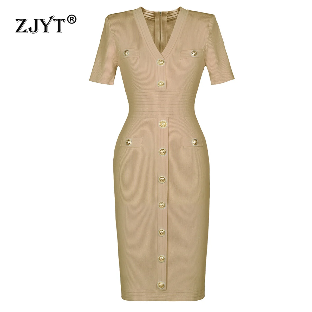 

ZJYT Fashion V Neck Buttons Knitting Sweater Dresses for Women Summer 2025 Elegant Short Sleeve Solid Sheath Midi Casual Dress