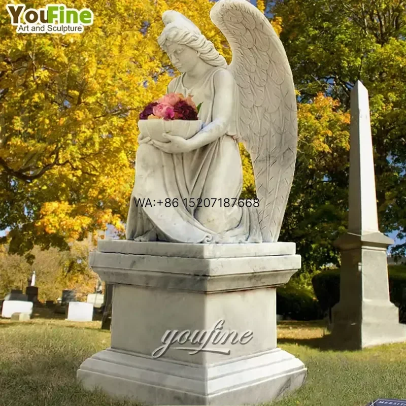 Wmwmnu Life Size Outdoor Modern White Marble Kneeling Weeping Angel Statue for Cemetery Memorial Garden Sculpture