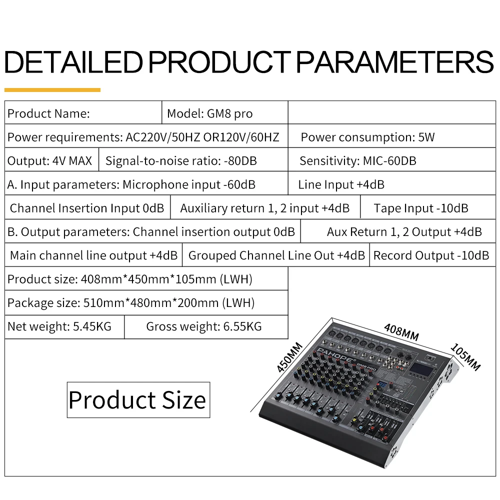 Professional 8-channel mixer party room meeting room and karaoke audio processor mixing with BT recording and monitoring support