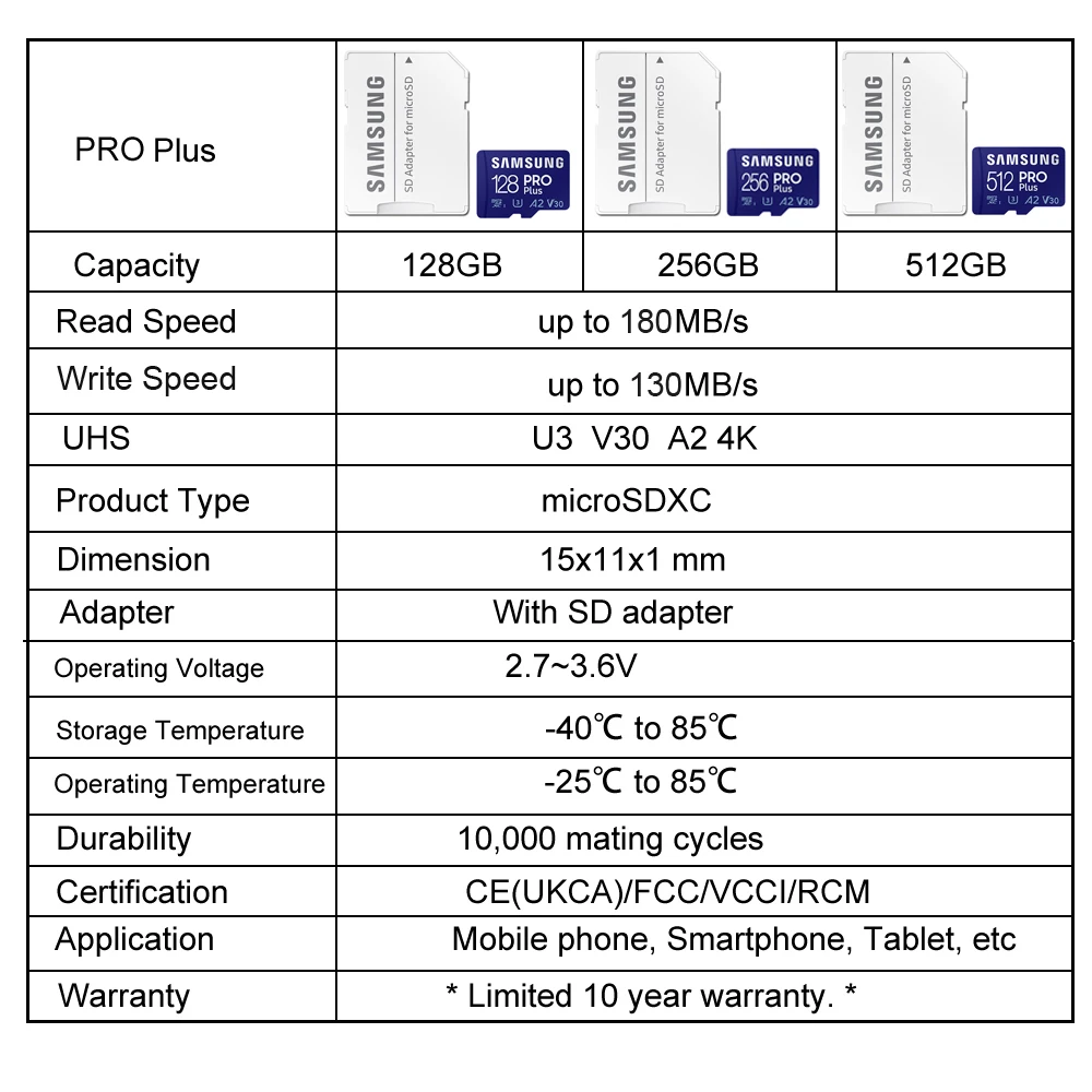 Карта памяти SAMSUNG PROPlus microSDXC 128 ГБ 256 ГБ 512 ГБ TF-карты U3 A2 V30 4K UHS-I для телефона/камеры/экшн-камеры/дрона