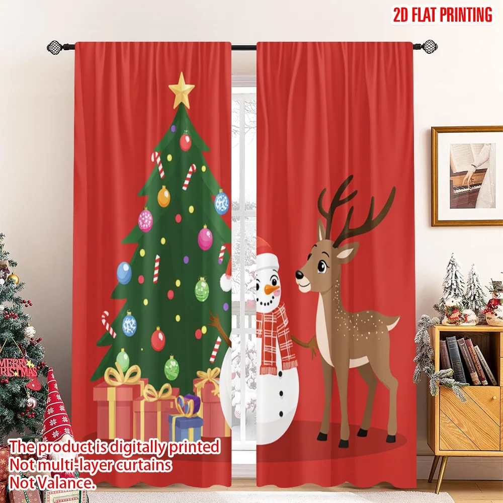

2pcs 2D flat printing Merry Christmas Scene Curtains Christmas Tree Snowman Reindeer Gifts_a 100% Polyester Without Electricity