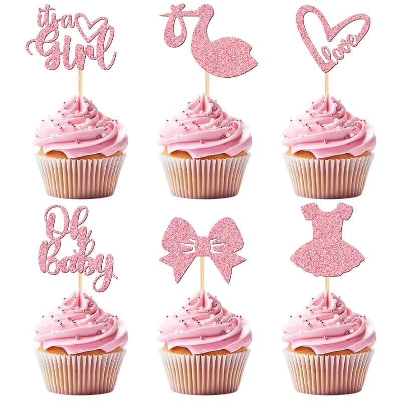 YOMDID 24 Stück Baby-Shower-Cupcake-Topper, Gender-Reveal-Kuchenaufsätze, Glitzer-Liebesherzen, Liebes-Schriftzug, Schleifen-Kleid-Kuchendekorationen – Detail 7