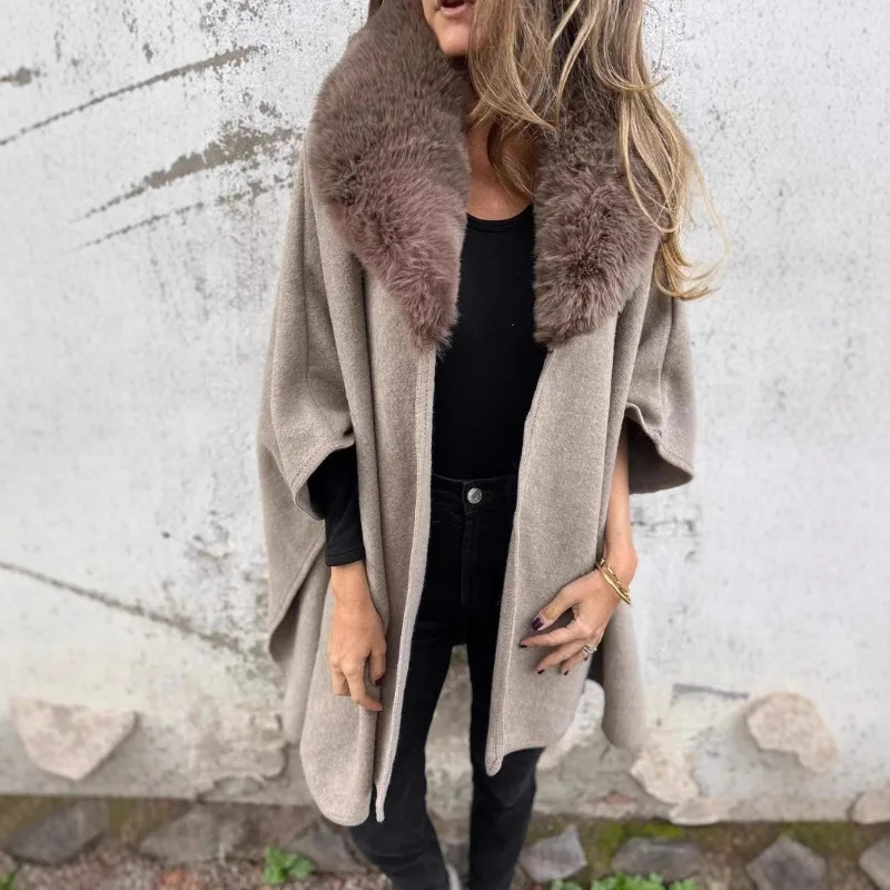 

Winter New Women'S Woolen Coat Fur Collar Lapel Cloak Loose Medi Long Tweed Jacket Autumn Batwing Long Sleeve Streetwear Coat