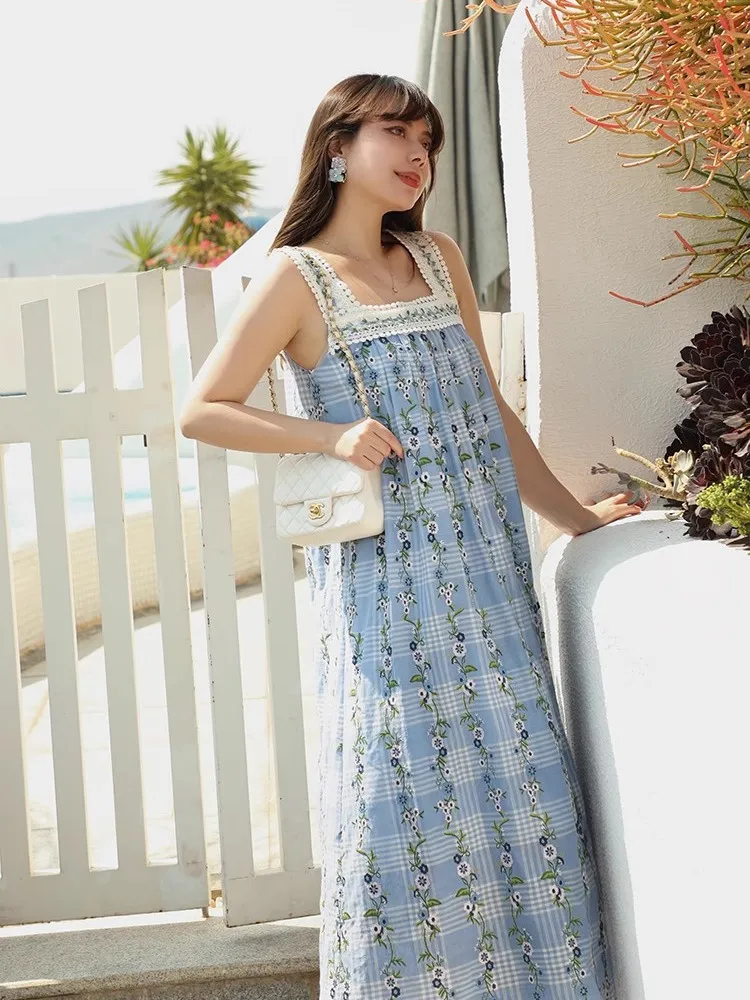 94-102cm Bust Summer Holiday Maxi Dresses Women Elegant Slim Sleeveless Luxury Embroidery Comfortable 100%Cotton Blue Vest Dress