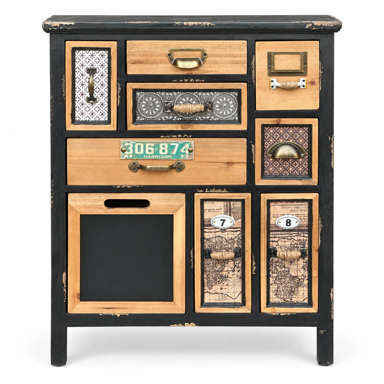 Vintage Rustic Multi-Drawer Storage Cabinet, Black and Natural Wood, Distressed Finish, 23.6x12.6x28.7 Inches, Apothecary Style