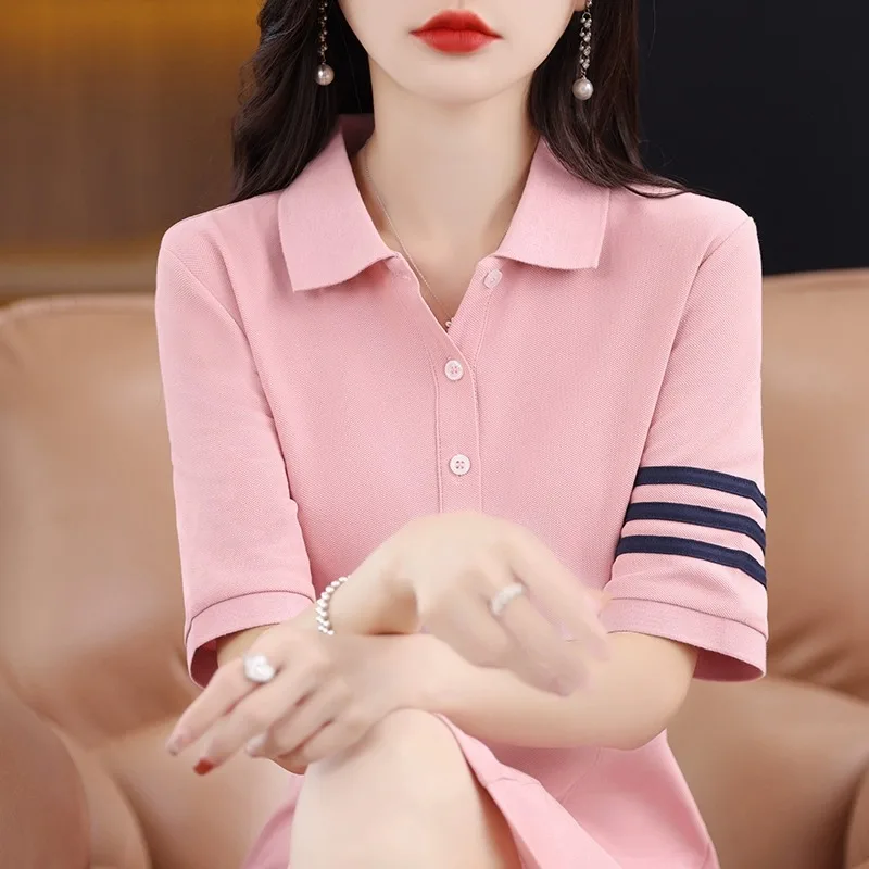 Été nouveau col pur coton ort Sve Dr femmes t-shirt barres minceur Midi a-ligne parapluie jupe taille haute