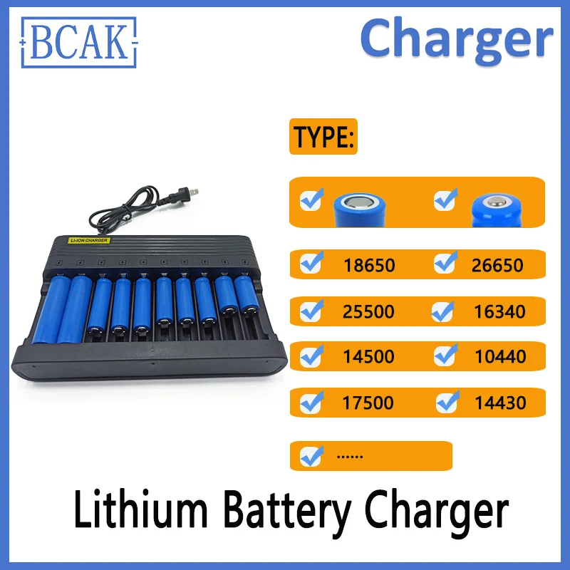 BCAK 4.2V 10 Slots Battery Charger for Li-ion Lithium Battery 18650 26650 25500 16340 14500 10440 17500 14430 with LED Indicator