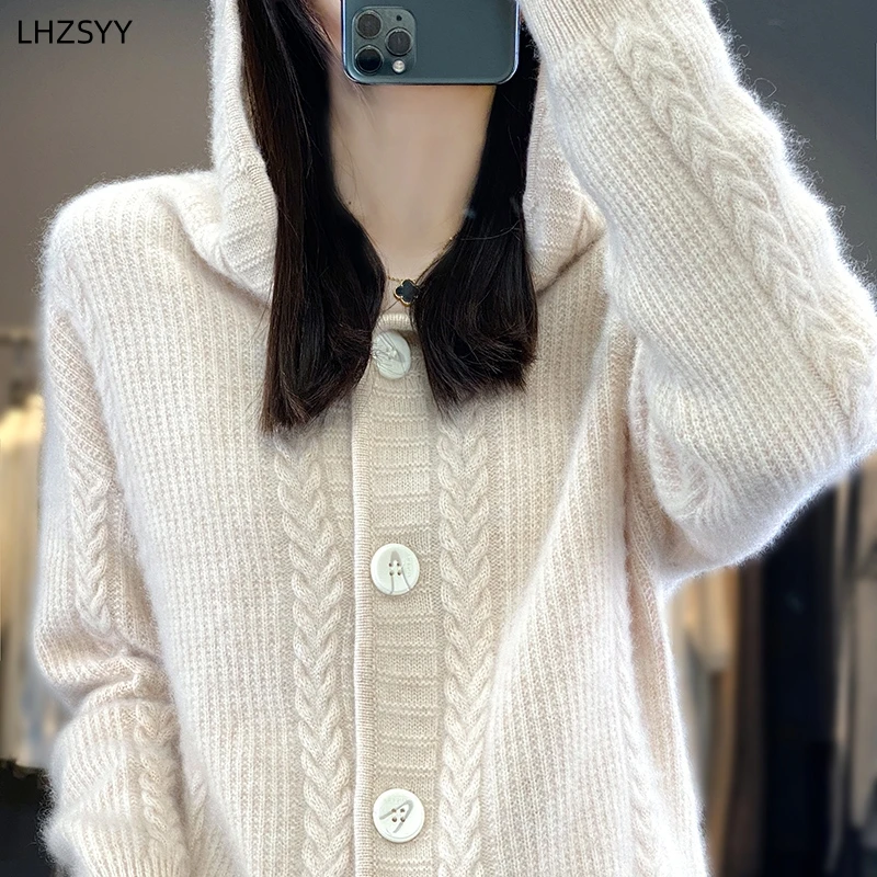 LHZSYY Winter New Hooded Pure Cashmere Knit Cardigan Women\' Plus-Size Coat Sweater Loose Thick Hoodie Warm Jacket Base Shirt Top