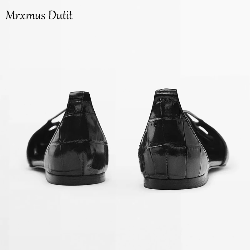 Mrxmus Dutit Fashion Sandals 2023 Summer New Black Hollow Design Strap Leather Flat Sandals