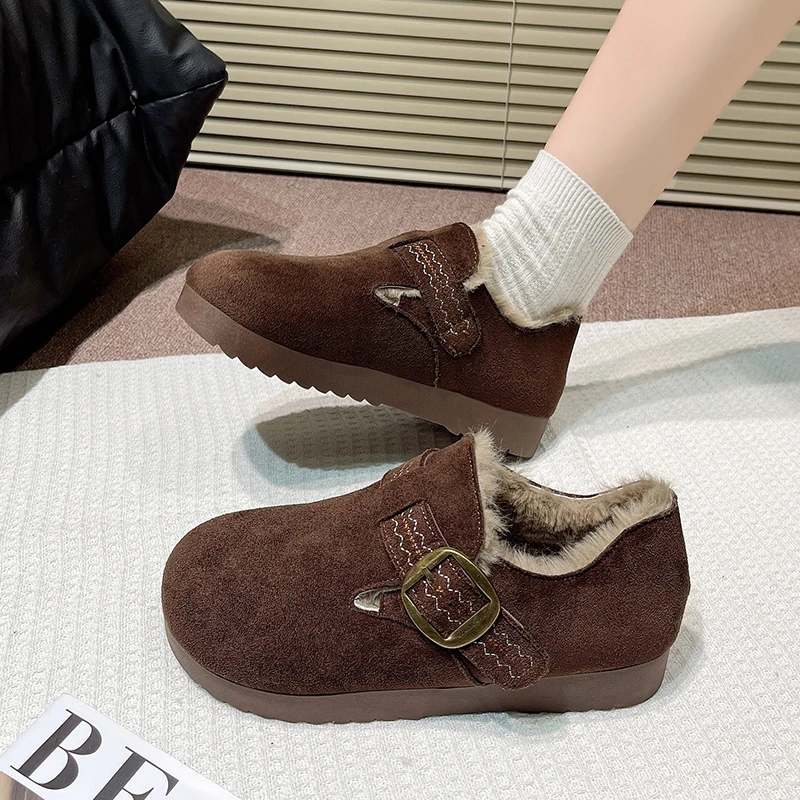 

2025Thickened Fleece Lined Winter Boots Women's Slip-On Warm Shoes Round Toe Rubber Outsole England Style Solid Color Snow Boots
