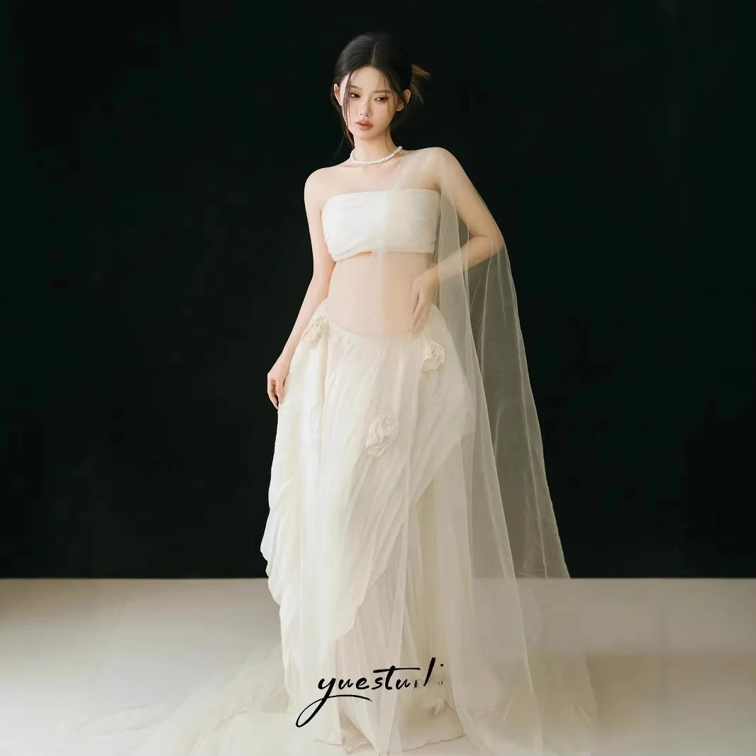 Women Maternity Dresses for Photography Shooting Elegant White Tube Top with Long Mesh Skirt and Veil 3pcs for Studio Photoshoot