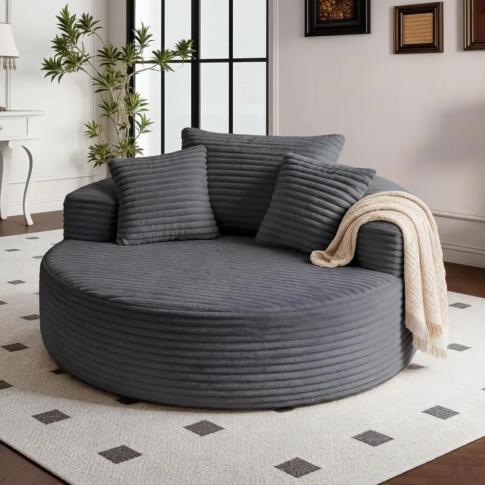 

Oversized 55 Inch Round Chaise Lounge Chair, Corduroy Upholstery, Ideal for Living Room or Bedroom, Gray