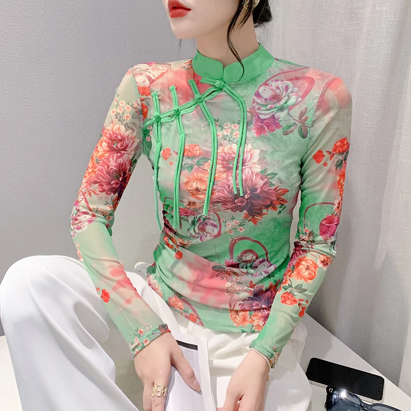 S-3XL Mesh T Shirts Female Full Sleeve High Stretchy Printed Flowers TShirt Women Chinese Style Vintage Collar Top FF0838