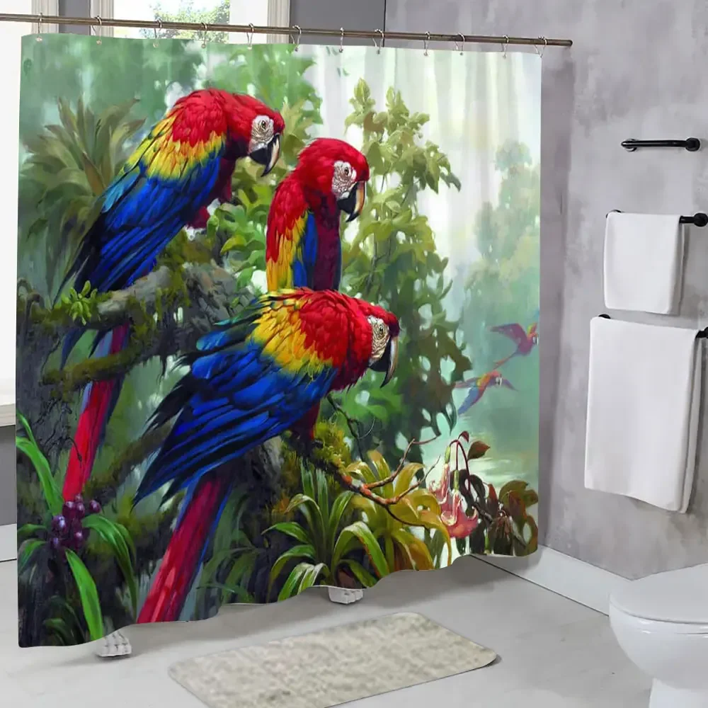 Popular Parrot Shower Curtain Mountain Waterfall Picturesque Colourful Animals Polyester Fabric Shower Curtains Bathroom Decor