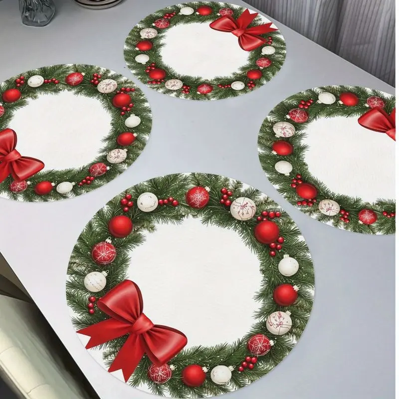 VIKAMA Christmas Placemat White Pine Red Bows Linen Table Mat for Dining Kitchen Table Setting Decor