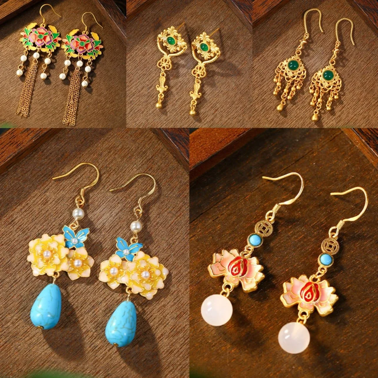 Ethnic Palace Style Flower Tassel Earrings for Women Hand-carved Peacock Blue Gold Color Inlay Gemstone Luxury Banquet Jewelry