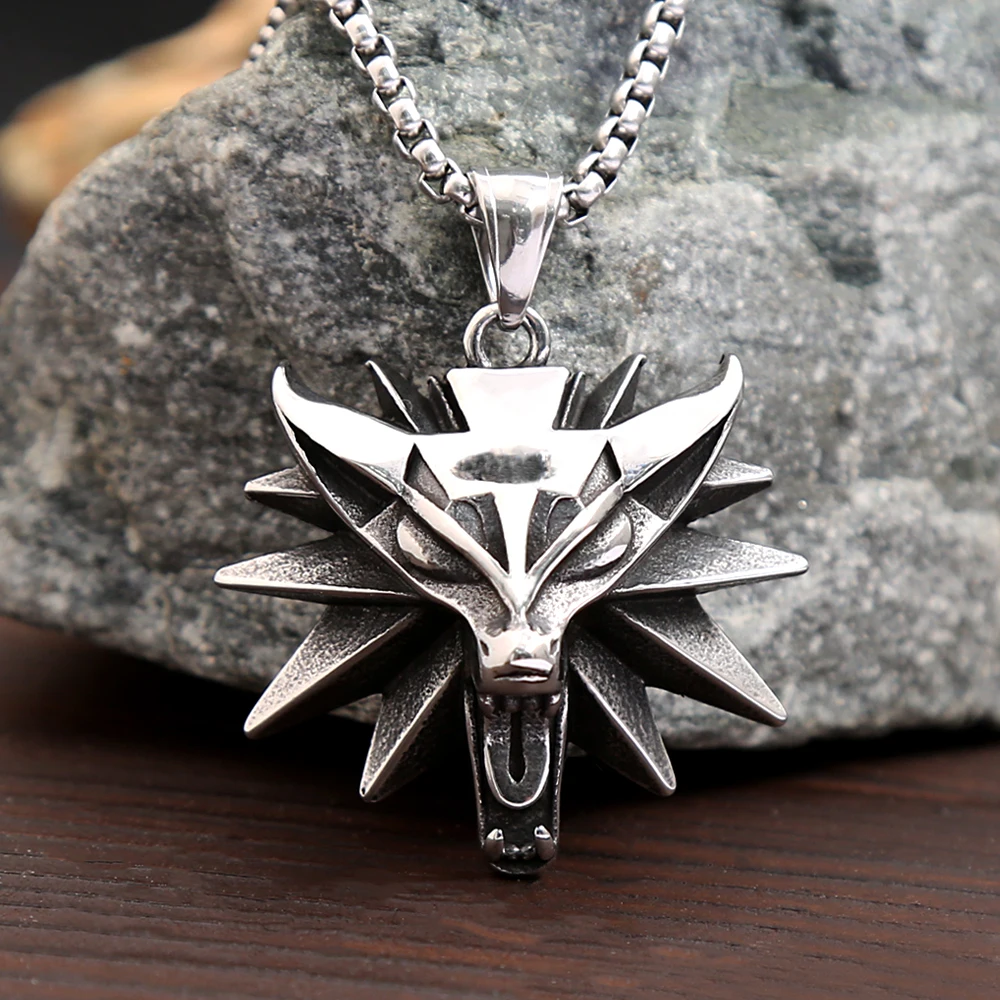 Fashion Vintage Viking Wolf Head Pendant Necklace Mens Punk Biker Stainless Steel Geralt of Rivia Slavic Necklaces Charm Jewelry