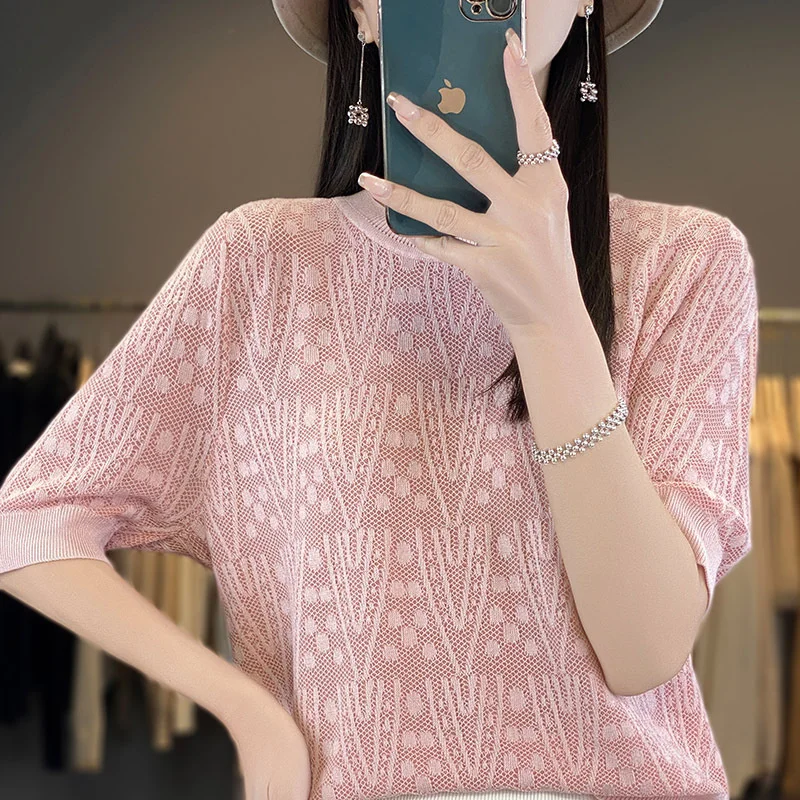 

Новые весенне-летние женские свитера из ледяного шелка с короткими рукавами, трикотажные рубашки с тонким дном, женские повседневные пуловеры с круглым вырезом, вязаные топы