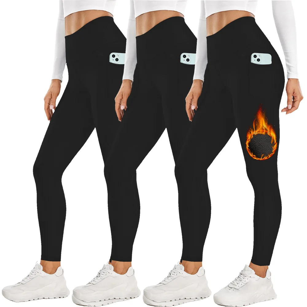 Autumn Winter Warm Leggings Women Thermal Sports Tightsthicken Fleece Gym Workout Pants Yoga Trousers with Pocket Fitness Wear