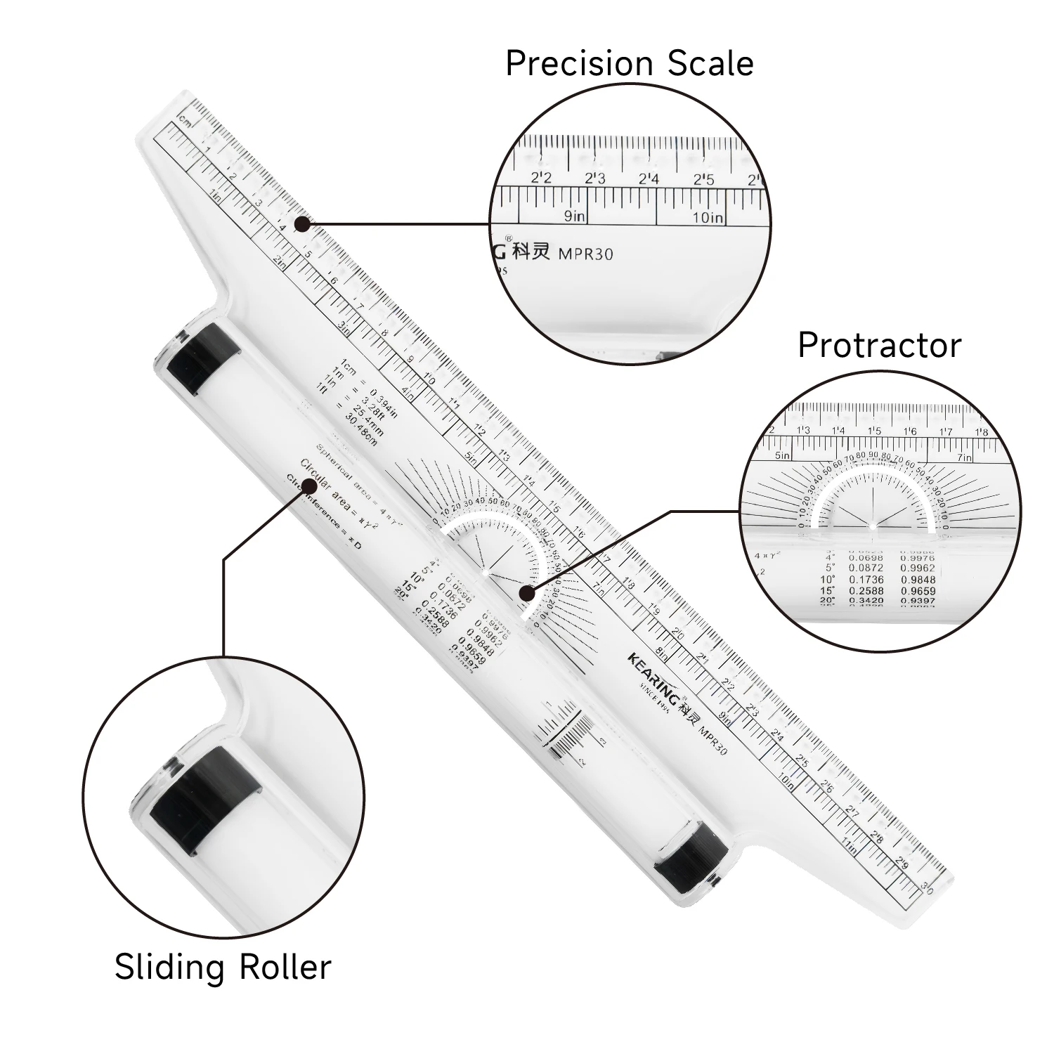 Kearing Roll Ruler Multi-purpose Rolling Ruler Parallel Rulers Universal Foot Angle Ruler Balancing Scale  Drawing Ruler 30cm