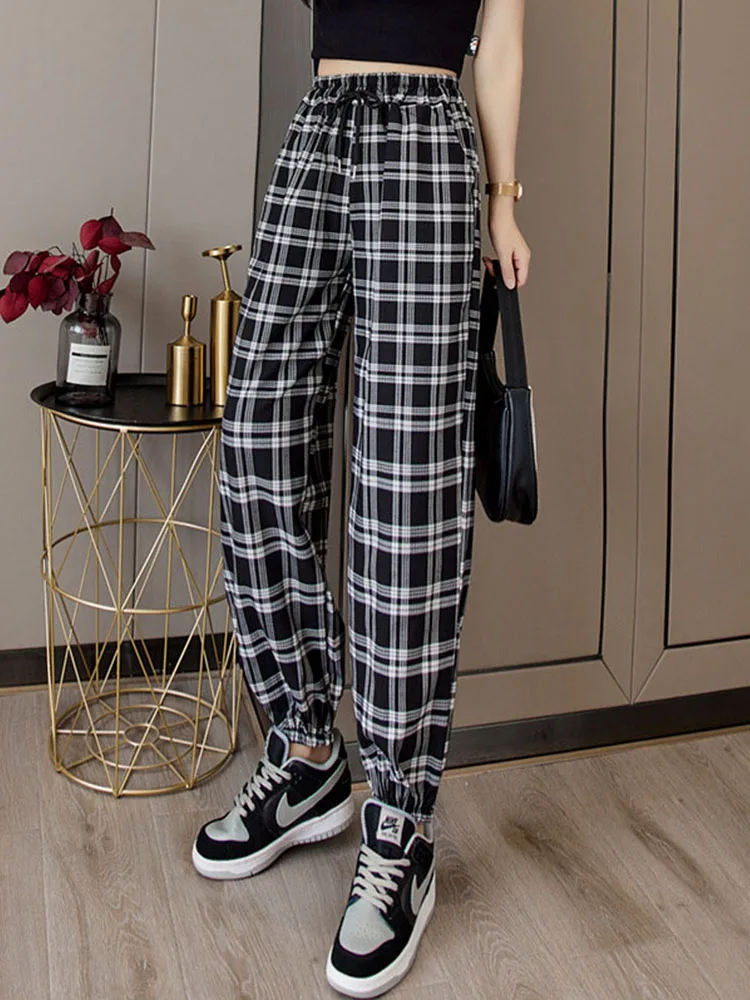 

Pants Women New Bunch of feet Fashion Loose Black Plaid Summer Harajuku Students Streetwear Harem Long Trousers Womens Chic