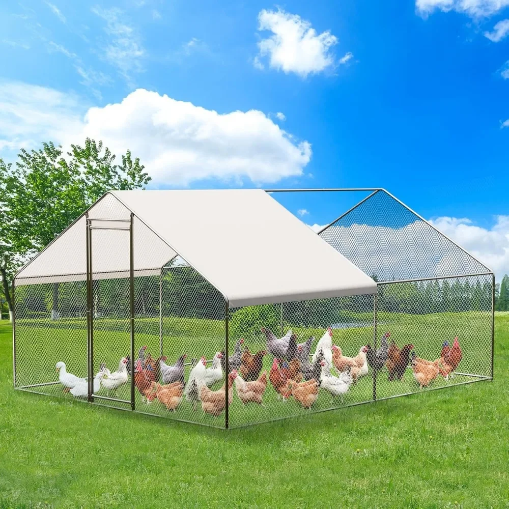 Large Metal Chicken Coop, Walk-in Poultry Cage, Waterproof and UV Resistant Cover