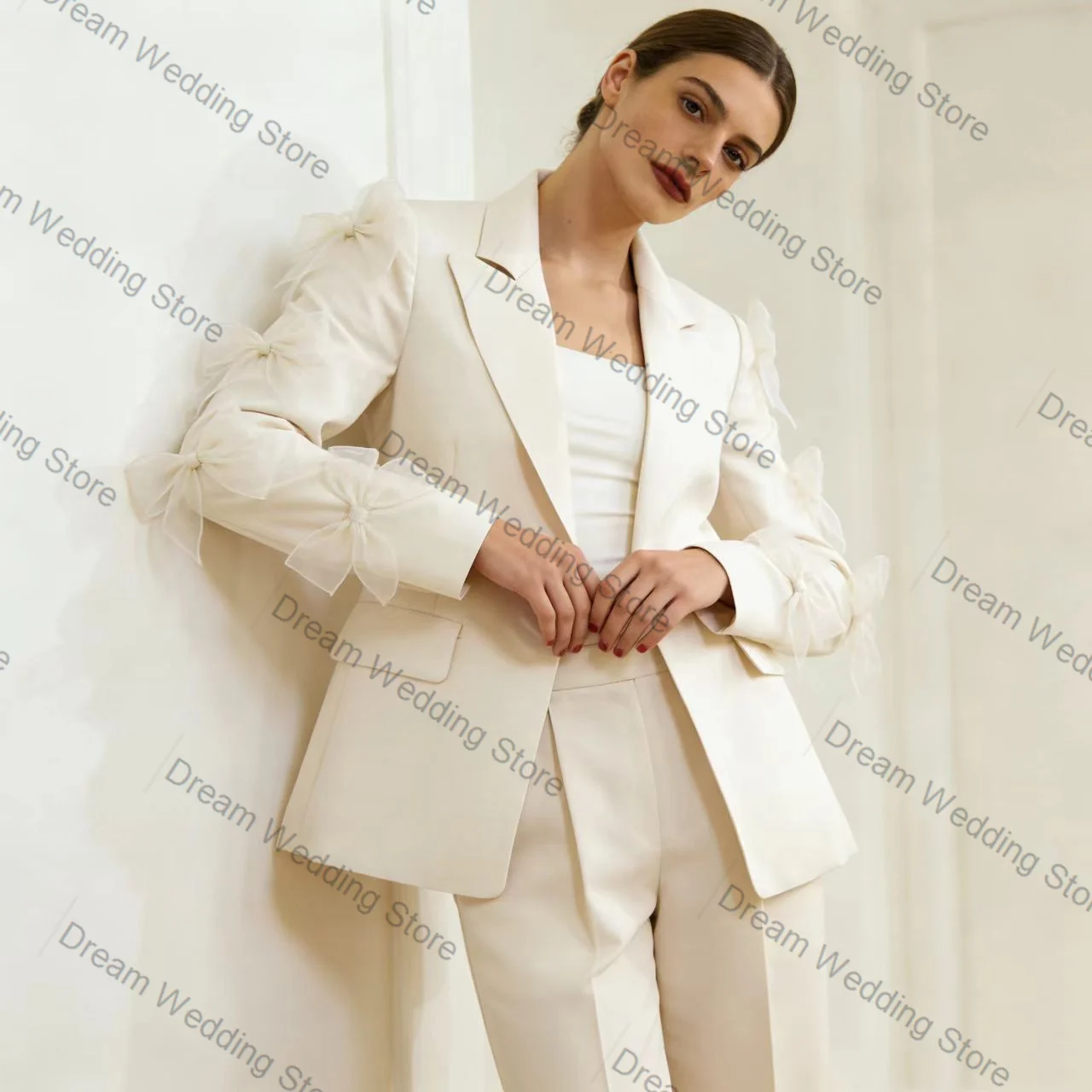 Bow White Women Suit Set 2 Pcs Blazer+Pants Trousers Spring Cotton Formal Office Lady Jacket Customized Wedding Guest Coat