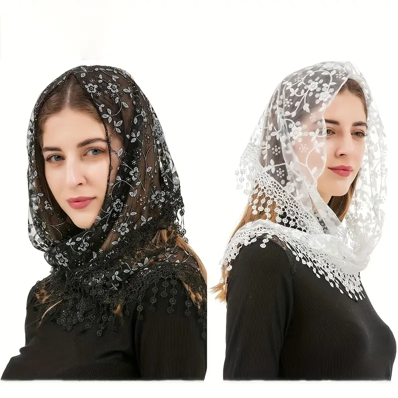 Floral Embroidery Lace Hijab Turban Shawl Hollow Out Breathable Cape Wrap Triangle Scarf Mantilla Head Covering For Women