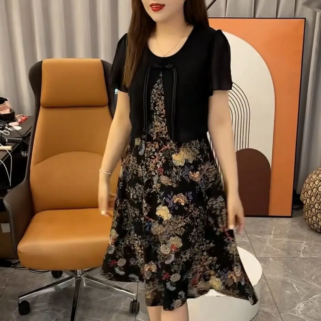 Estate New Sle Mommy Patchwork floreale Qipao Dr Copertura della pancia Dimagrante in due pezzi Dr Casual rotondo Ne ort Sve Midi...