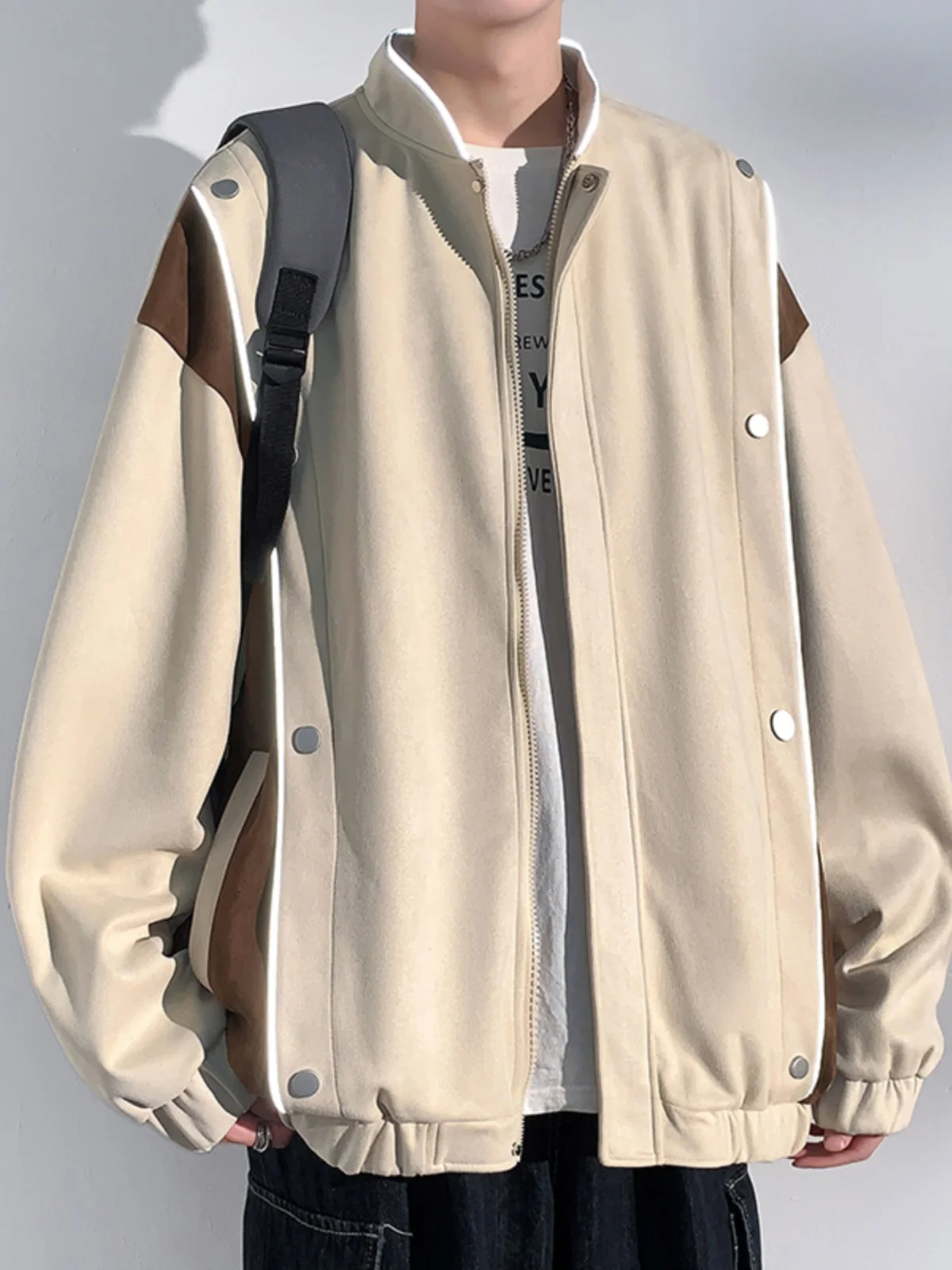 

Retro American Suede Jaet Men's Autumn Small Design Reflective Strip Splicing Casual Top Windproof Outerwear