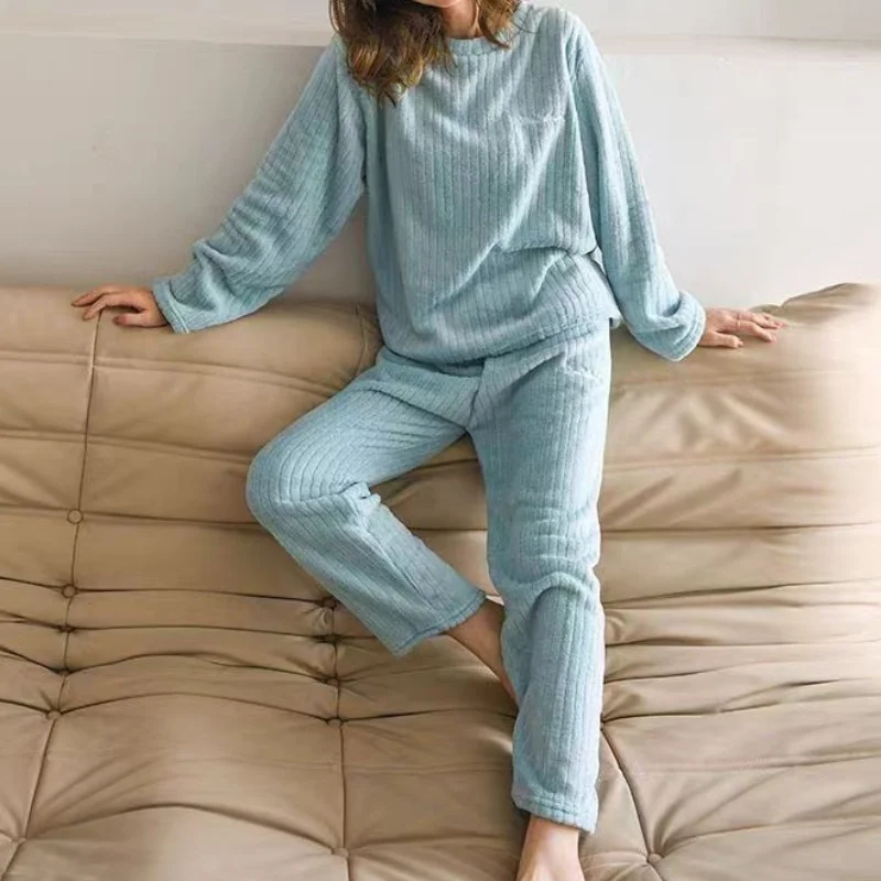 New Women Pajama Trousers Sets Loose Top Elastic Waist Wide Leg Pants Winter Fleece Homewear Sweet Bow Outfit Autumn Sleepwear