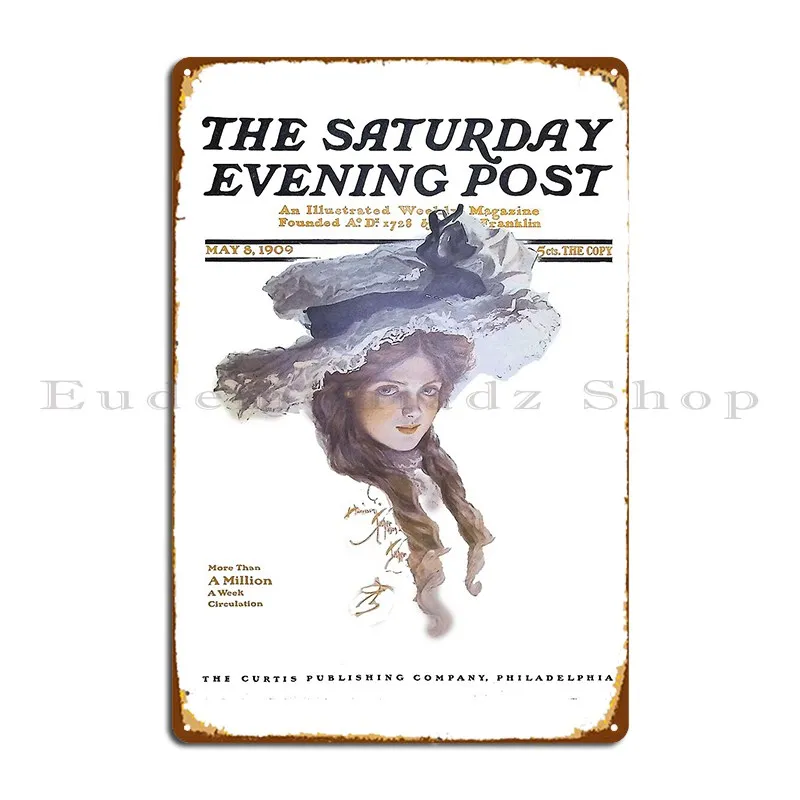 Elegant Victorian Lady Print 1909 Saturday Evening Post Cover Metal Sign Kitchen Living Room Printed Wall Mural Tin Sign Poster