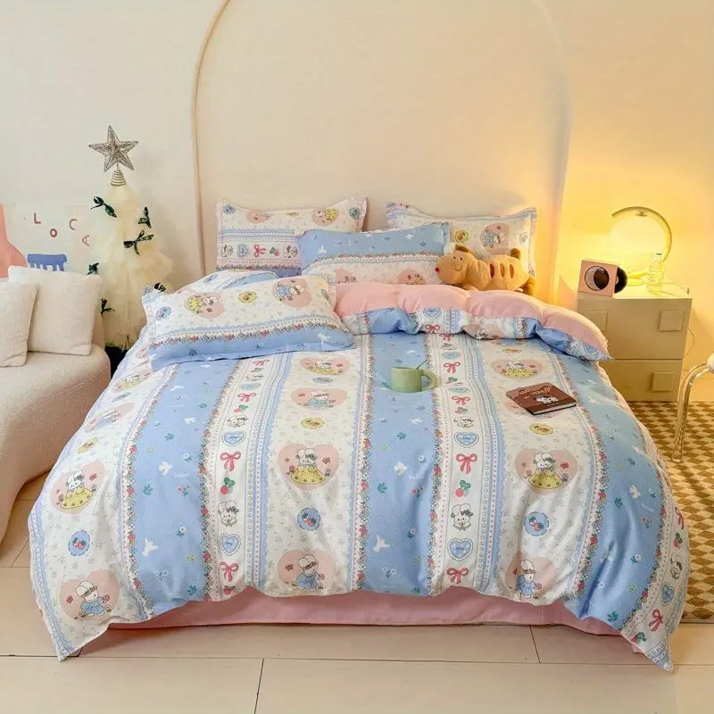 Cute Rabbit Bedding Set No Filler Ins Kids Adult Duvet Cover Flat Sheet Pillowcases Single Full Queen Size BedSpread