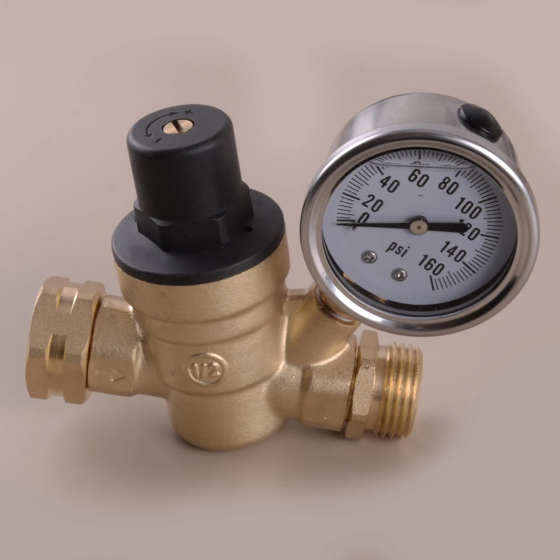 

RV Adjustable Reducer Water Pressure Regulator with Valve Gauge 14F-200F for Camper Travel Trailer Brass Lead 3/4" Universal