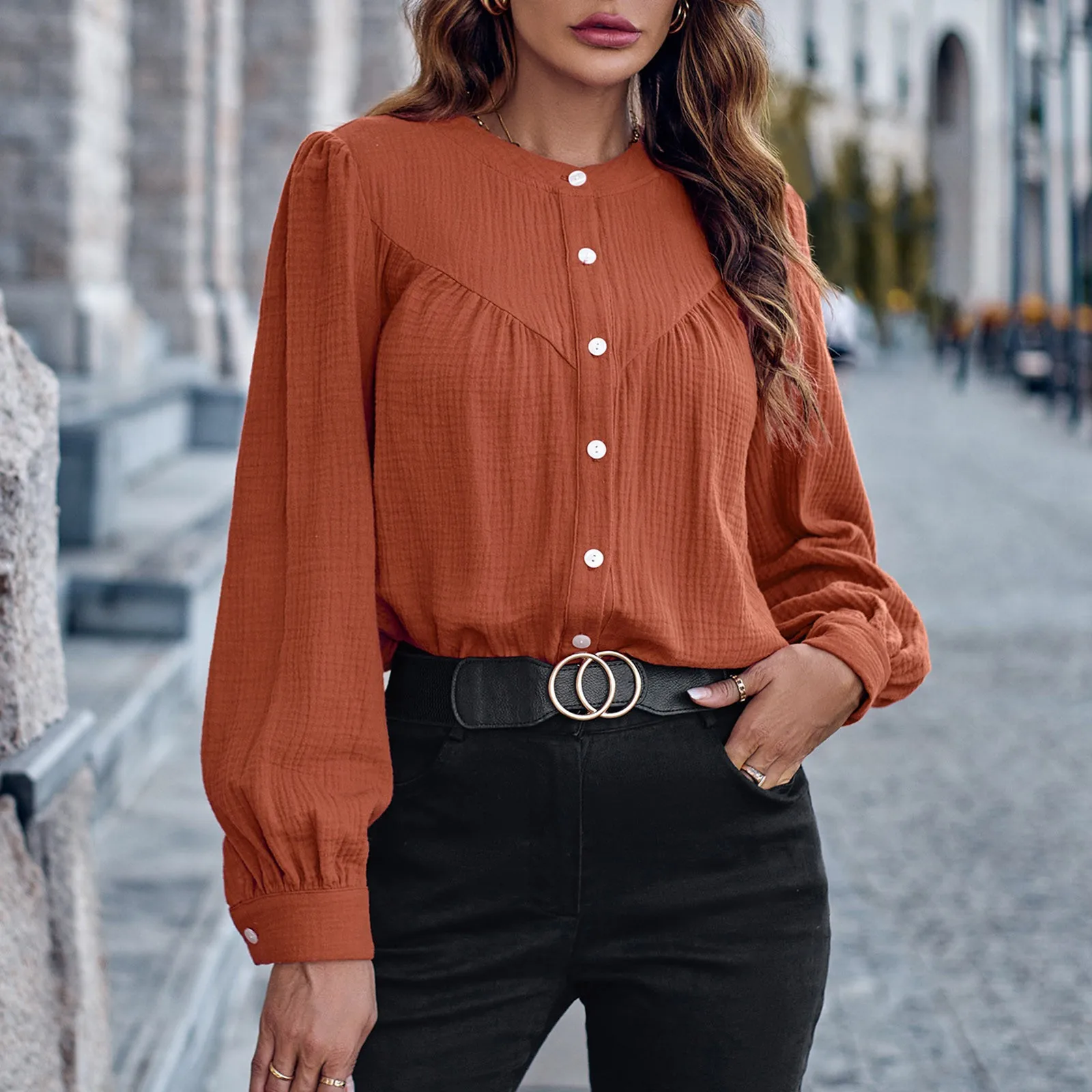 

Women's Autumn And Winter Comfortable Fashion Round Neck Solid Color Long Sleeve Shirt Single Breasted Lantern Sleeve Casual Top