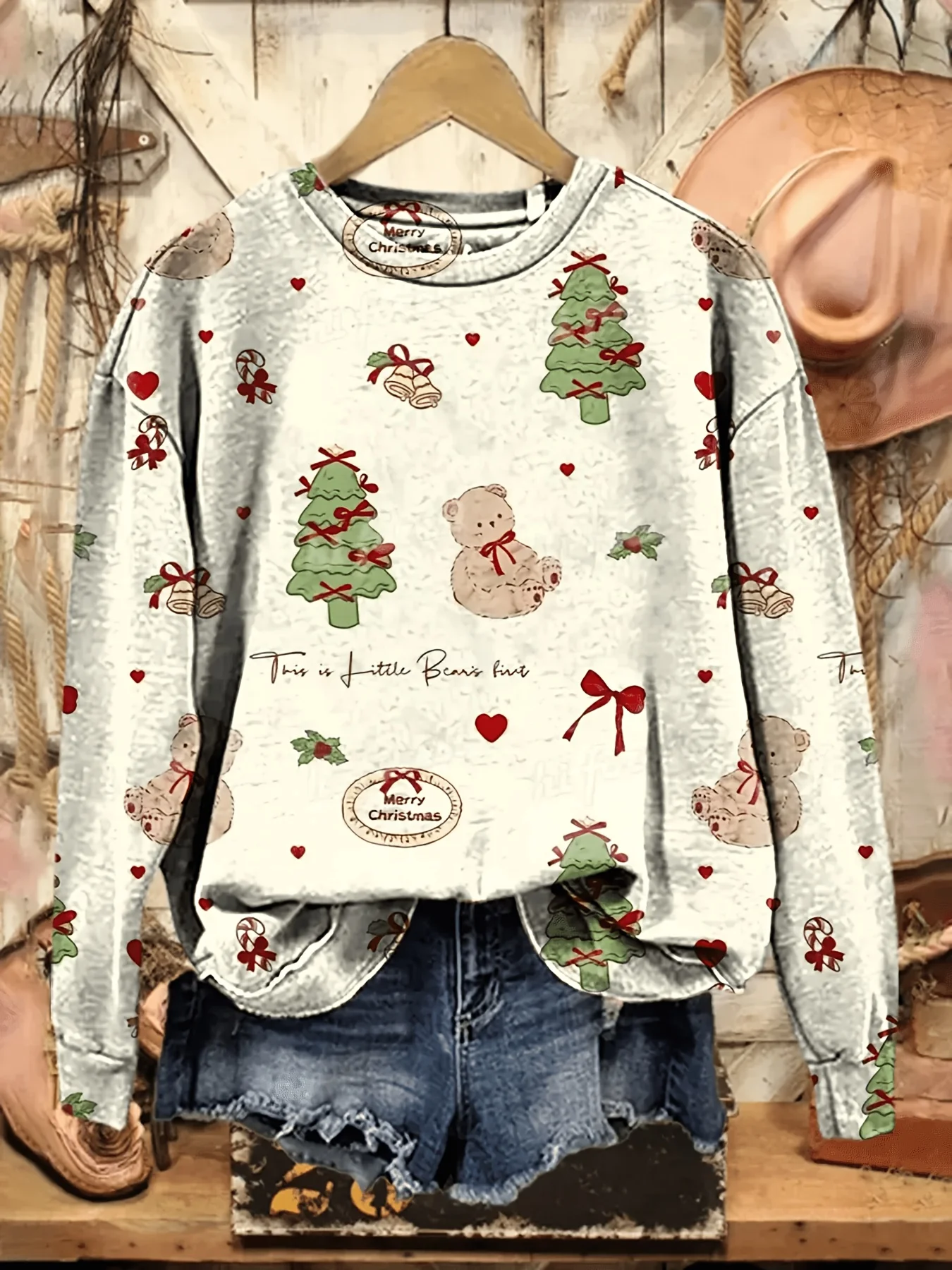 Women Sweatshirt Cute Bear Christmas Tree Heart Bow Full Print Autumn Winter Holiday Party Casual Wear New Year Women's Clothes