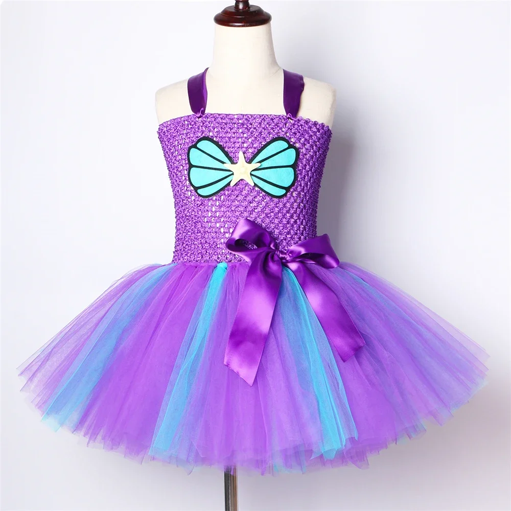 Girls Purple Mermaid Tutu Dress Costume Under The Sea Theme Girl Birthday Party Dresses Seashell Starfish Kids Princess Dress