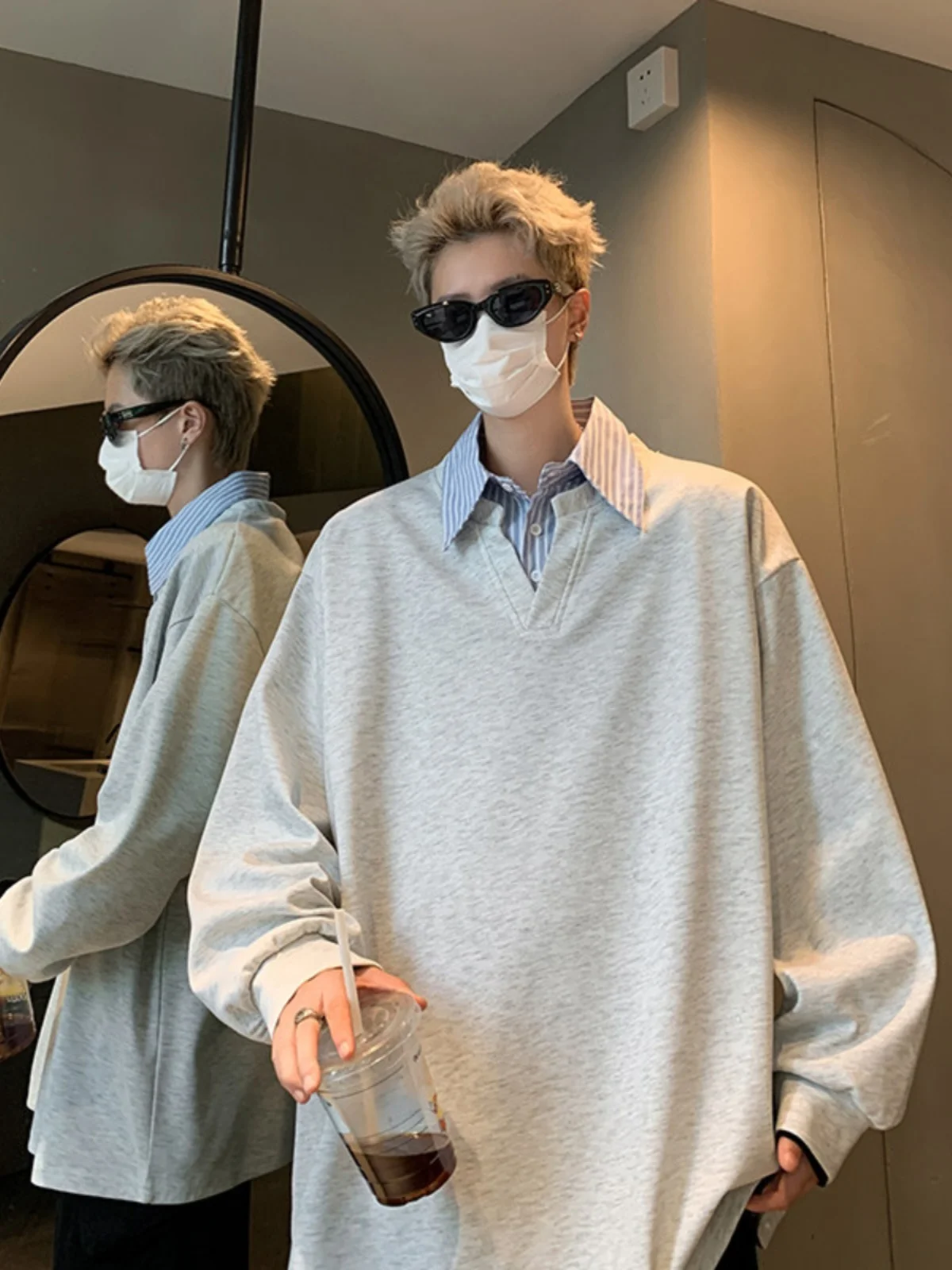 

Повседневный длинный свитшот све, мужской весенне-осенний свободный крой для колледжа с воротником irt, модный топ из двух предметов большого размера