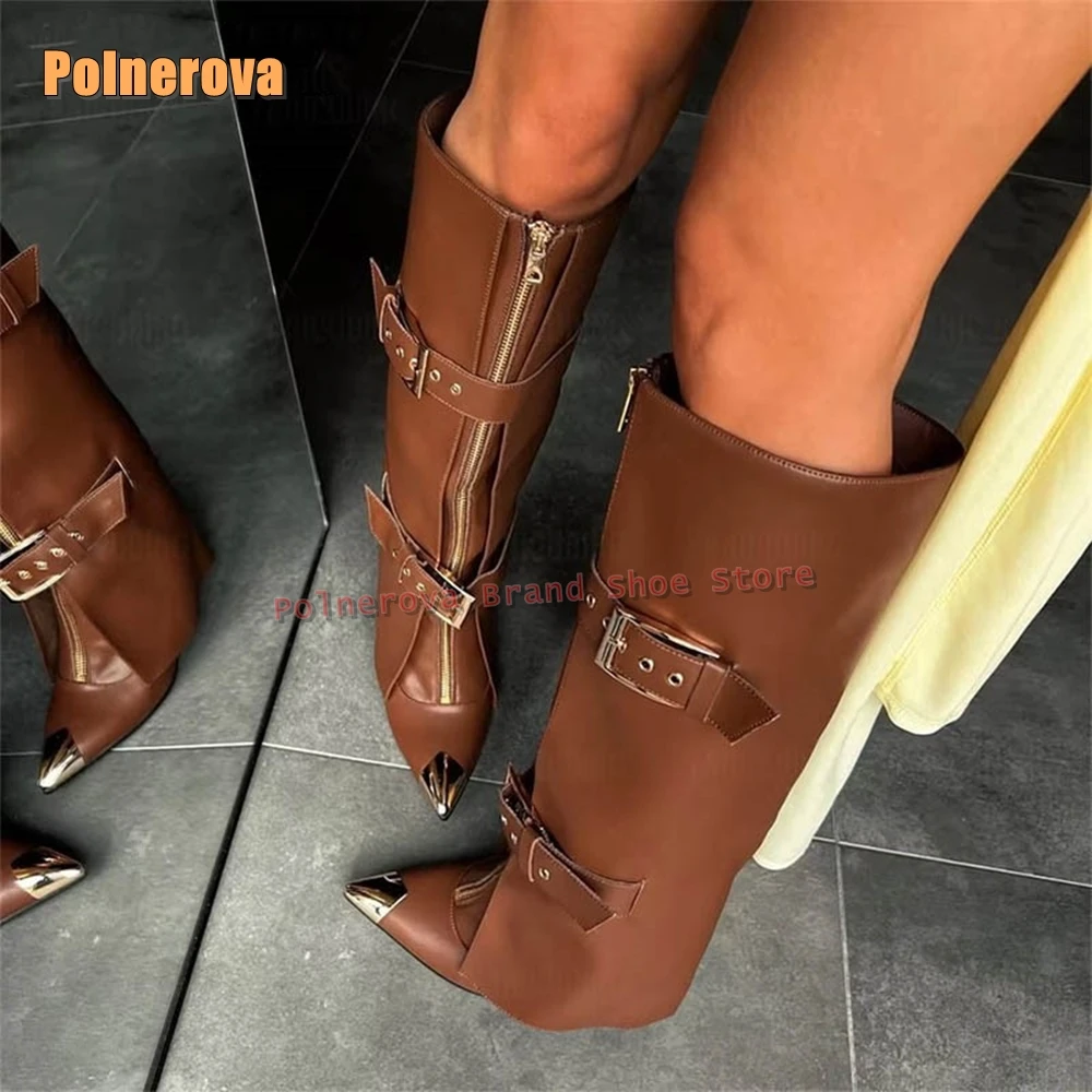 

Brown Zipper Decoration Fashion Boots Metal Pointed Toe Stiletto Belt Buckle Patchwork Women Knee High Boots 2026 Winter Newest